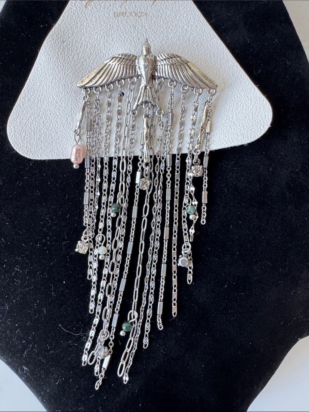 Free People Silver Bird Fringe Statement Brooch with Mixed Accent Beads